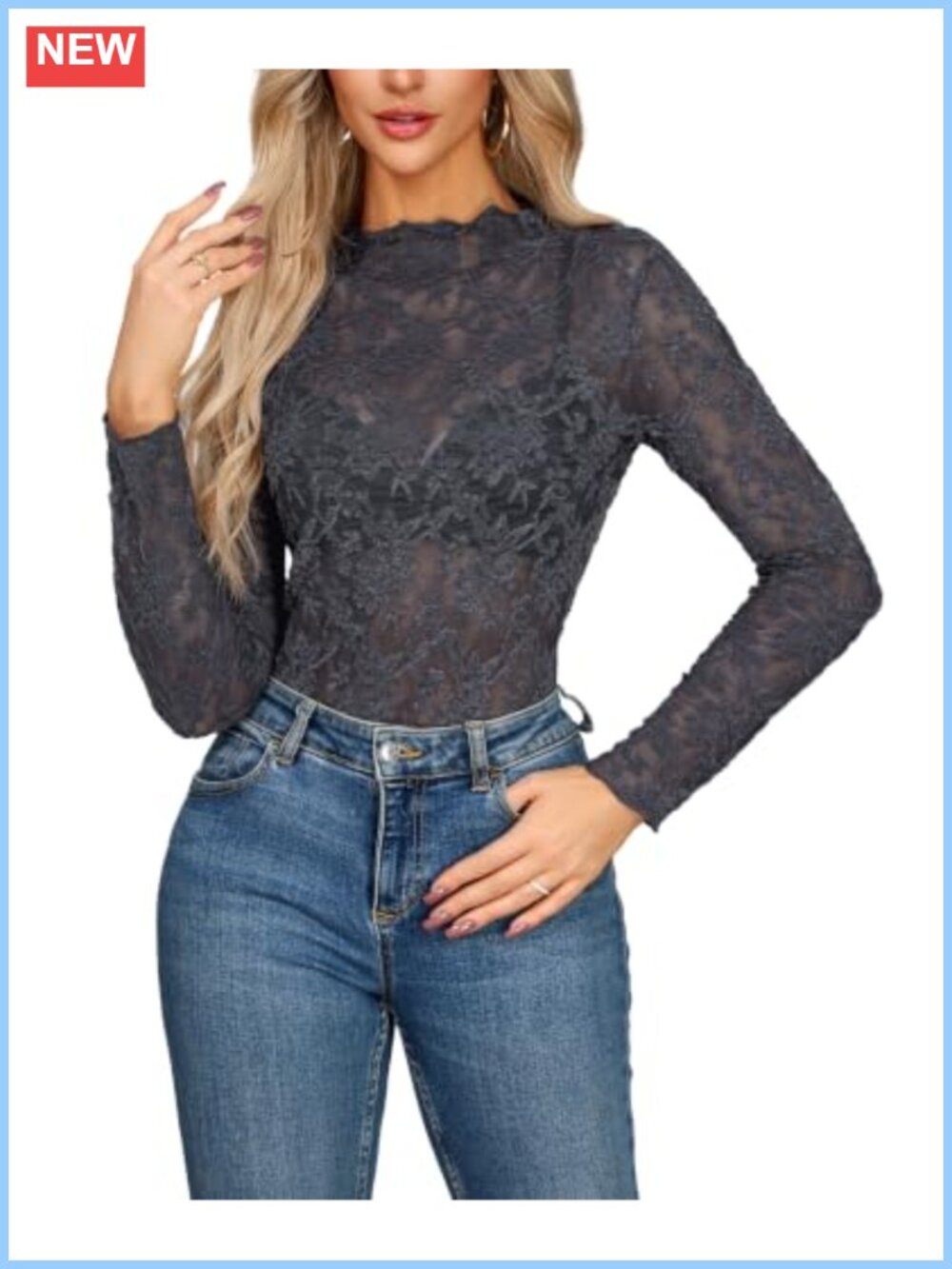 Lace Mesh Long Sleeve Mock Neck Sheer Blouse Layering Top